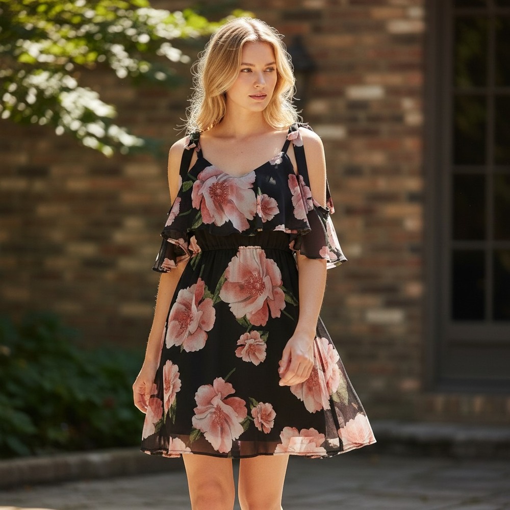 Floral Cold Shoulder Mini Dress Black Pink Peony Ruffle Tie Strap Med